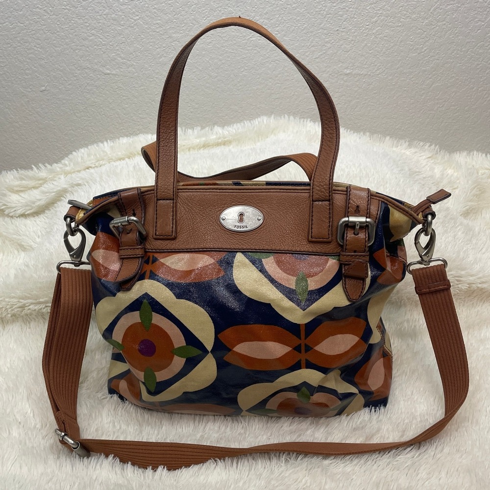 Fossil Key-Per Multicolor Coated Floral Shoulder Bag Large Tote Crossbody‎ Retro